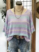 Elorivane Plus Size Contrast Striped Round Neck Knit Top Cutout Crochet Details Loose Fit for Spring Summer Casual Wear - Image 4