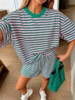 Elorivane Women's Striped Contrast 2-Piece Co-Ord, Short Sleeve Tee & Shorts, Elegant Casual Summer Vacation Set - Image 8