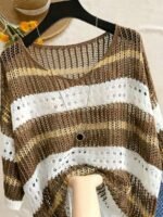 Elorivane Plus Size Contrast Striped Round Neck Knit Top Cutout Crochet Details Loose Fit for Spring Summer Casual Wear - Image 8