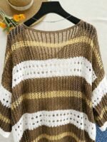 Elorivane Plus Size Contrast Striped Round Neck Knit Top Cutout Crochet Details Loose Fit for Spring Summer Casual Wear - Image 9