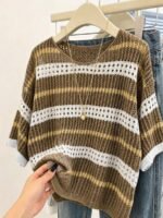 Elorivane Plus Size Contrast Striped Round Neck Knit Top Cutout Crochet Details Loose Fit for Spring Summer Casual Wear - Image 10