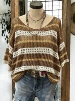 Elorivane Plus Size Contrast Striped Round Neck Knit Top Cutout Crochet Details Loose Fit for Spring Summer Casual Wear - Image 11