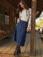 Elorivane Women Dark Blue Denim A Line Midi Skirt, High Waist Scalloped Button Front Western Cowgirl Fall Winter Country Skirt - Image 6