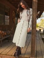 Elorivane Women Dark Blue Denim A Line Midi Skirt, High Waist Scalloped Button Front Western Cowgirl Fall Winter Country Skirt - Image 21