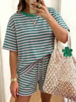 Elorivane Women's Striped Contrast 2-Piece Co-Ord, Short Sleeve Tee & Shorts, Elegant Casual Summer Vacation Set - Image 9
