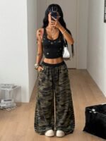 Elorivane Women Olive Green High Waist Pants, Loose Fit Side Metal Decor Punk Trousers - Image 12