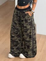 Elorivane Women Olive Green High Waist Pants, Loose Fit Side Metal Decor Punk Trousers - Image 11