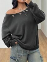 Elorivane Women Plus Size Grey Wash Sweatshirt, Asymmetrical Shoulder Grommet Long Sleeve Y2K Fall Winter Top - Image 3