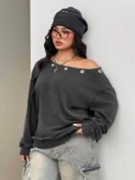 Elorivane Women Plus Size Grey Wash Sweatshirt, Asymmetrical Shoulder Grommet Long Sleeve Y2K Fall Winter Top - Image 6