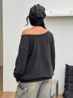 Elorivane Women Plus Size Grey Wash Sweatshirt, Asymmetrical Shoulder Grommet Long Sleeve Y2K Fall Winter Top - Image 4