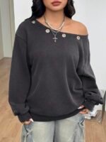 Elorivane Women Plus Size Grey Wash Sweatshirt, Asymmetrical Shoulder Grommet Long Sleeve Y2K Fall Winter Top - Image 5