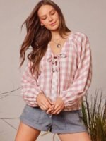 Elorivane Women Plaid V Neck Western Top, Lace Up Bowknot Long Puff Sleeve Cowgirl Fall Winter Rodeo Shirt - Image 6