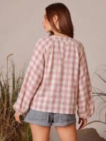 Elorivane Women Plaid V Neck Western Top, Lace Up Bowknot Long Puff Sleeve Cowgirl Fall Winter Rodeo Shirt - Image 7