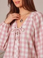 Elorivane Women Plaid V Neck Western Top, Lace Up Bowknot Long Puff Sleeve Cowgirl Fall Winter Rodeo Shirt - Image 8