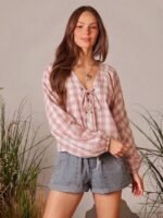 Elorivane Women Plaid V Neck Western Top, Lace Up Bowknot Long Puff Sleeve Cowgirl Fall Winter Rodeo Shirt - Image 9