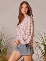 Elorivane Women Plaid V Neck Western Top, Lace Up Bowknot Long Puff Sleeve Cowgirl Fall Winter Rodeo Shirt - Image 10