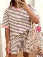 Elorivane Women's Striped Contrast 2-Piece Co-Ord, Short Sleeve Tee & Shorts, Elegant Casual Summer Vacation Set - Image 11
