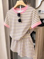 Elorivane Women's Striped Contrast 2-Piece Co-Ord, Short Sleeve Tee & Shorts, Elegant Casual Summer Vacation Set - Image 10