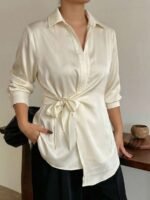 Elorivane Plus Size White Shirt, Lapel Half-Open Tie Hem Long Sleeve Spring Autumn Blouse - Image 34