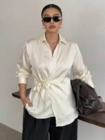 Elorivane Plus Size White Shirt, Lapel Half-Open Tie Hem Long Sleeve Spring Autumn Blouse - Image 35