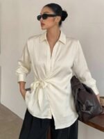 Elorivane Plus Size White Shirt, Lapel Half-Open Tie Hem Long Sleeve Spring Autumn Blouse - Image 36