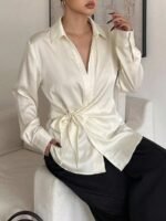 Elorivane Plus Size White Shirt, Lapel Half-Open Tie Hem Long Sleeve Spring Autumn Blouse - Image 37