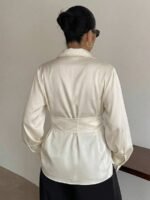 Elorivane Plus Size White Shirt, Lapel Half-Open Tie Hem Long Sleeve Spring Autumn Blouse - Image 38