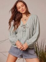 Elorivane Women Plaid V Neck Western Top, Lace Up Bowknot Long Puff Sleeve Cowgirl Fall Winter Rodeo Shirt - Image 16