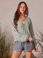 Elorivane Women Plaid V Neck Western Top, Lace Up Bowknot Long Puff Sleeve Cowgirl Fall Winter Rodeo Shirt - Image 18