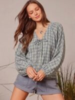 Elorivane Women Plaid V Neck Western Top, Lace Up Bowknot Long Puff Sleeve Cowgirl Fall Winter Rodeo Shirt - Image 11