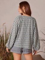 Elorivane Women Plaid V Neck Western Top, Lace Up Bowknot Long Puff Sleeve Cowgirl Fall Winter Rodeo Shirt - Image 12