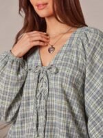 Elorivane Women Plaid V Neck Western Top, Lace Up Bowknot Long Puff Sleeve Cowgirl Fall Winter Rodeo Shirt - Image 13
