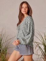 Elorivane Women Plaid V Neck Western Top, Lace Up Bowknot Long Puff Sleeve Cowgirl Fall Winter Rodeo Shirt - Image 14