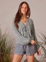Elorivane Women Plaid V Neck Western Top, Lace Up Bowknot Long Puff Sleeve Cowgirl Fall Winter Rodeo Shirt - Image 15