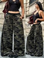 Elorivane Women Olive Green High Waist Pants, Loose Fit Side Metal Decor Punk Trousers - Image 8