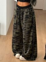 Elorivane Women Olive Green High Waist Pants, Loose Fit Side Metal Decor Punk Trousers - Image 9