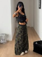 Elorivane Women Olive Green High Waist Pants, Loose Fit Side Metal Decor Punk Trousers - Image 10