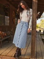 Elorivane Women Dark Blue Denim A Line Midi Skirt, High Waist Scalloped Button Front Western Cowgirl Fall Winter Country Skirt - Image 26