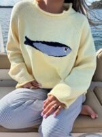 Elorivane Women's Butter Yellow Fish Graphic Knit Pullover, French Chic - Image 2