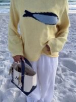 Elorivane Women's Butter Yellow Fish Graphic Knit Pullover, French Chic - Image 6