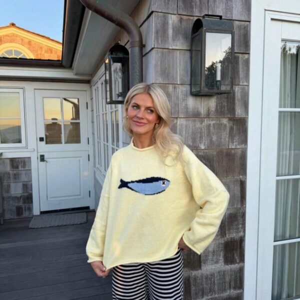 Elorivane Women's Butter Yellow Fish Graphic Knit Pullover, French Chic