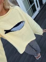 Elorivane Women's Butter Yellow Fish Graphic Knit Pullover, French Chic - Image 3