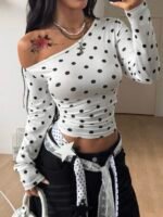 Elorivane Women Vintage Leopard Knit Top, Asymmetrical Neck Grommet Long Sleeve Stretchy Spring Summer Streetwear - Image 16