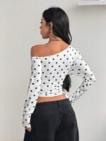 Elorivane Women Vintage Leopard Knit Top, Asymmetrical Neck Grommet Long Sleeve Stretchy Spring Summer Streetwear - Image 21