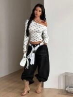 Elorivane Women Vintage Leopard Knit Top, Asymmetrical Neck Grommet Long Sleeve Stretchy Spring Summer Streetwear - Image 17