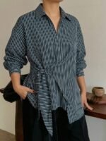 Elorivane Plus Size White Shirt, Lapel Half-Open Tie Hem Long Sleeve Spring Autumn Blouse - Image 40