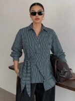 Elorivane Plus Size White Shirt, Lapel Half-Open Tie Hem Long Sleeve Spring Autumn Blouse - Image 41