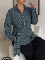 Elorivane Plus Size White Shirt, Lapel Half-Open Tie Hem Long Sleeve Spring Autumn Blouse - Image 43