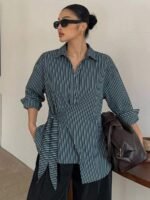 Elorivane Plus Size White Shirt, Lapel Half-Open Tie Hem Long Sleeve Spring Autumn Blouse - Image 44