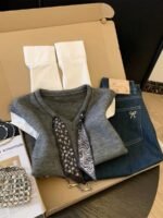 Elorivane Women's Grey V-Neck Knit Vest With Scarf Decoration | Commuter Elegant Sleeveless Sweater Vest Fall - Image 9
